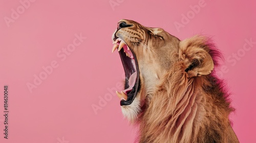 A striking photo capturing the majestic mouth of a lion against a vibrant pink background  ideal for a high-resolution 4K wallpaper. 