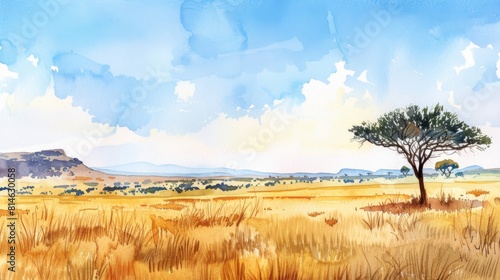 A watercolor illustration depicting a tree standing tall in the middle of a vast field. The tree is the focal point  surrounded by green grass and a clear sky in the background.