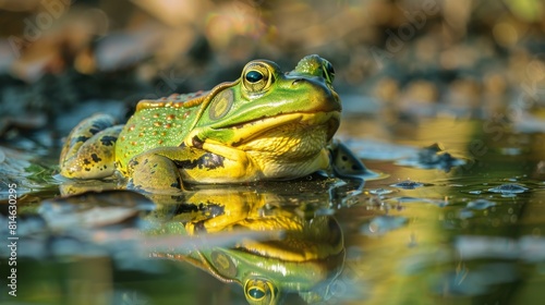 A striking scene where a green frog sits on top of the blue water  creating a vivid contrast. The frogs bright color stands out against the calm water beneath.
