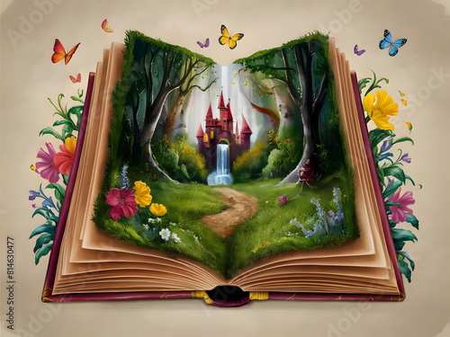 Open book with fairy tale kingdom, knight castle