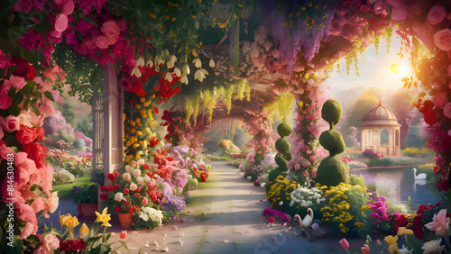 A magical flower garden with bright, colorful flowers, elegant paths and magical lighting effects, creating an atmosphere of fairy tale and magic