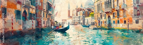 A watercolor painting depicting a gondola gracefully gliding across a canal in Venice, with historic buildings lining the waters edge. The scene captures the essence of Venetian transportation and arc photo