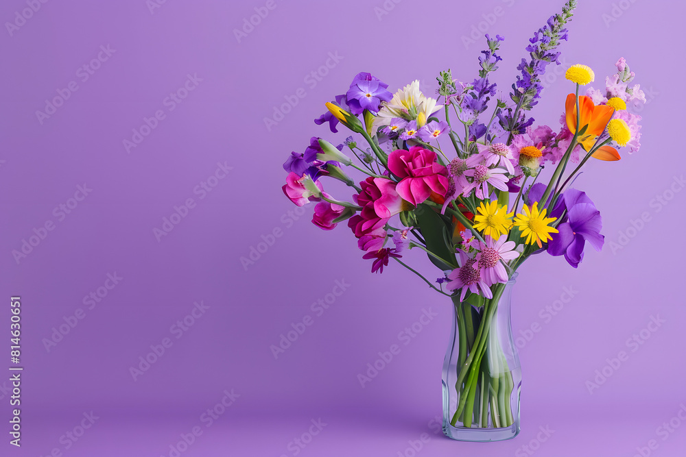 A vibrant photo of a bouquet of mixed flowers in a vase on a solid lavender background A vibrant photo of a bouquet of mixed flowers in a vase on a solid lavender background