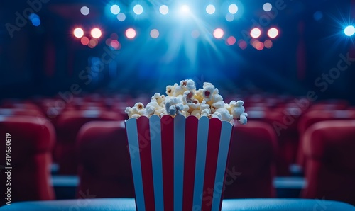 Red and White Striped Popcorn Bucket in Cinema Hall,  Generative AI photo