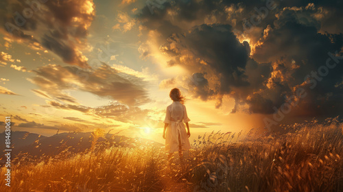 Woman standing in a field gazing at a dramatic sunset