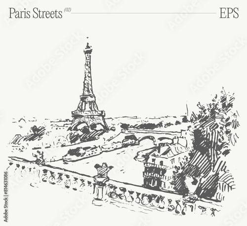 Hand drawn vector illustration of Eiffel Tower, Paris streets