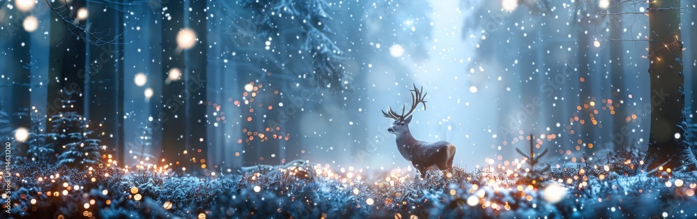 A deer stands in the center of a dense forest, surrounded by tall trees and green foliage. The deer appears alert, with its ears perked up, possibly listening for any signs of danger. A deer stands in the center of a dense forest, surrounded by tall trees and green foliage. The deer appears alert, with its ears perked up, possibly listening for any signs of danger.