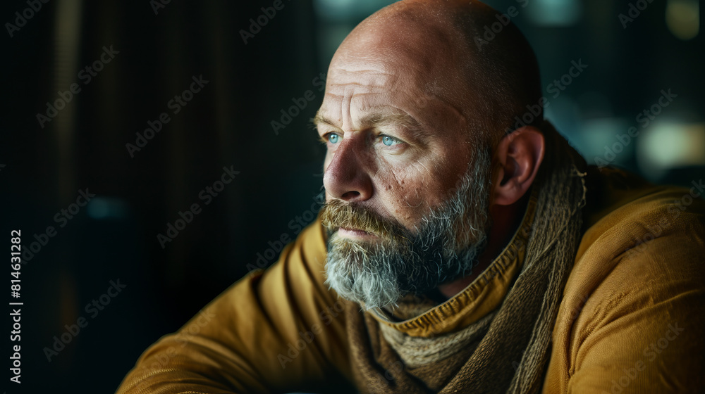 A picture of an attractive bald man with a thick beard, close-up, photo in bright light. A picture of an attractive bald man with a thick beard, close-up, photo in bright light.