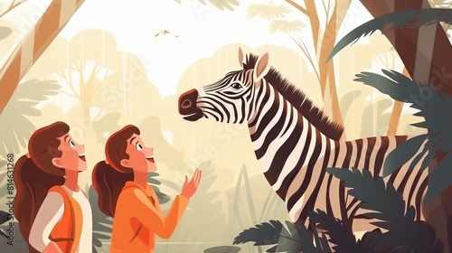 Two girls are looking at a zebra in a jungle