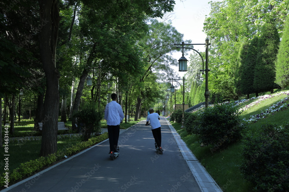 two people are riding skateboards down a path with trees and grass. two people are riding skateboards down a path with trees and grass.