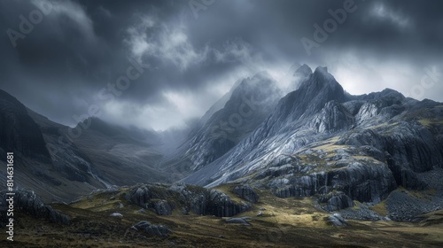 Dramatic mountain landscape with stormy skies over a lush green valley