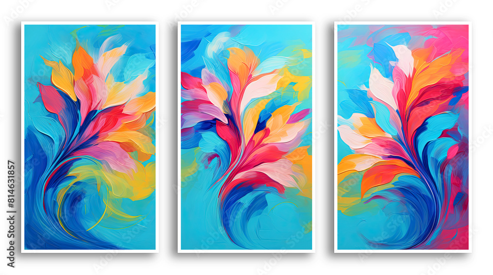 Set of three posters with multicolored abstract floral pattern