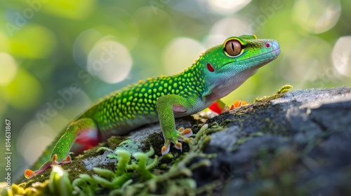 A green lizard perched atop a rock in a natural setting  basking in the sun and blending with its surroundings.