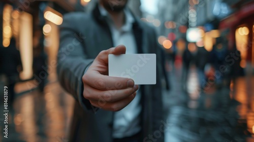 man in suit holding out a white blank business card on the street