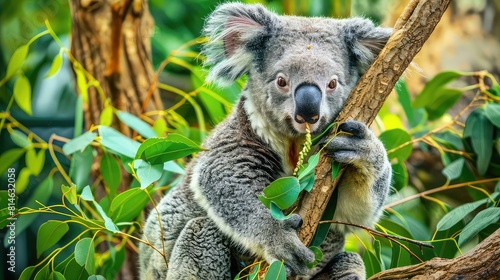 A dynamic image featuring a close-up view of a koala bear enjoying its favorite meal while perched on a tree branch, offering a captivating scene for a 4K wallpaper. © sambath
