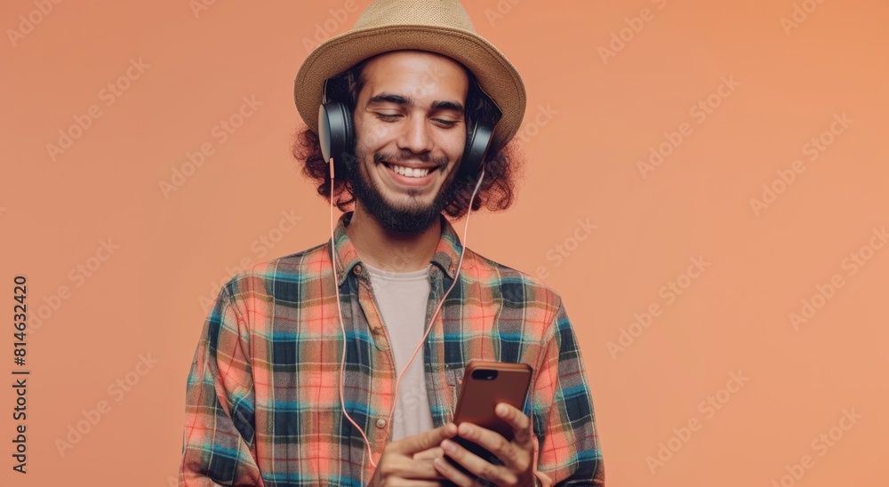 Fototapeta premium Smiling young man in a straw hat and checked shirt texting on a mobile phone against a vibrant coral background, evoking a happy, summery atmosphere.