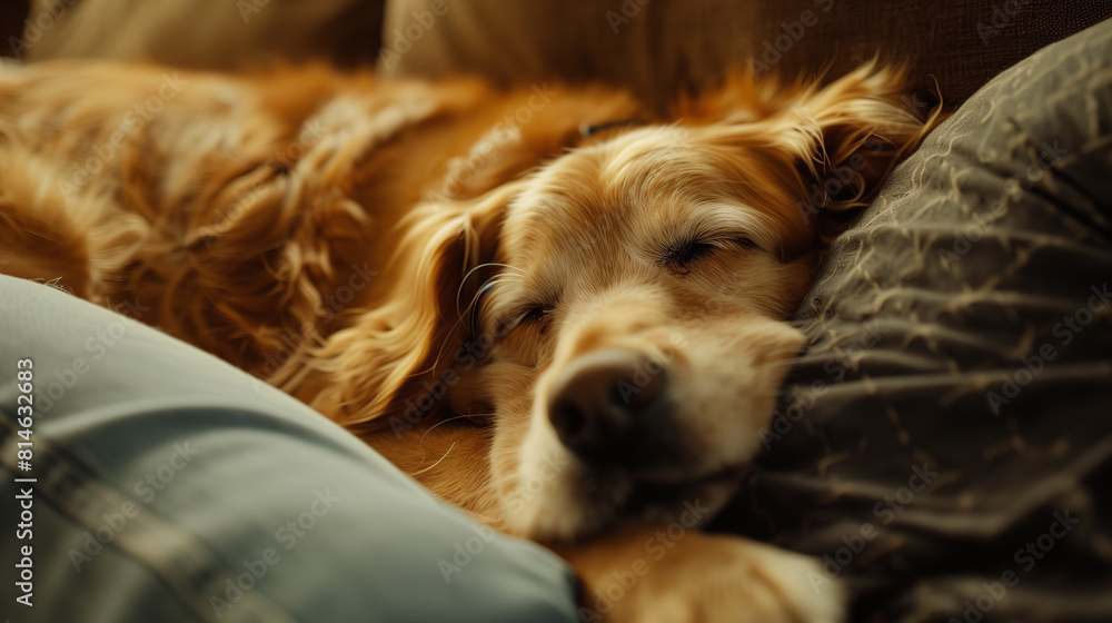cute old golden retriever dog sleeping on the couch calmly. Background image of man's best friend cute old golden retriever dog sleeping on the couch calmly. Background image of man's best friend