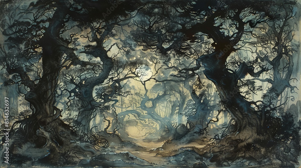 Eerie and mystical forest scene with twisted trees under a brooding sky ...
