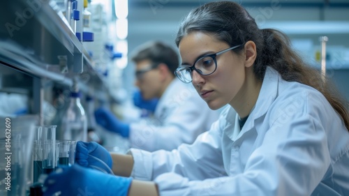 A focused female scientist with safety glasses conducting research in a laboratory alongside a male colleague, potentially useful for themes around medical research, healthcare, or education.