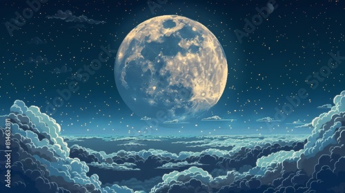The full moon is rising over the clouds. The sky is dark and starry. The moon is bright and white. The clouds are fluffy and gray. The scene is beautiful and peaceful.