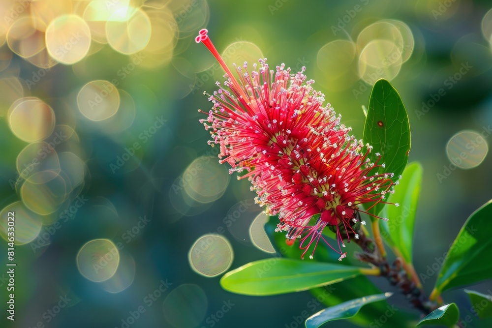 A detailed view of a vibrant red Bottlebrush flower blooming on a tree branch. The petals are intricately arranged, showcasing the flowers delicate beauty. A detailed view of a vibrant red Bottlebrush flower blooming on a tree branch. The petals are intricately arranged, showcasing the flowers delicate beauty.