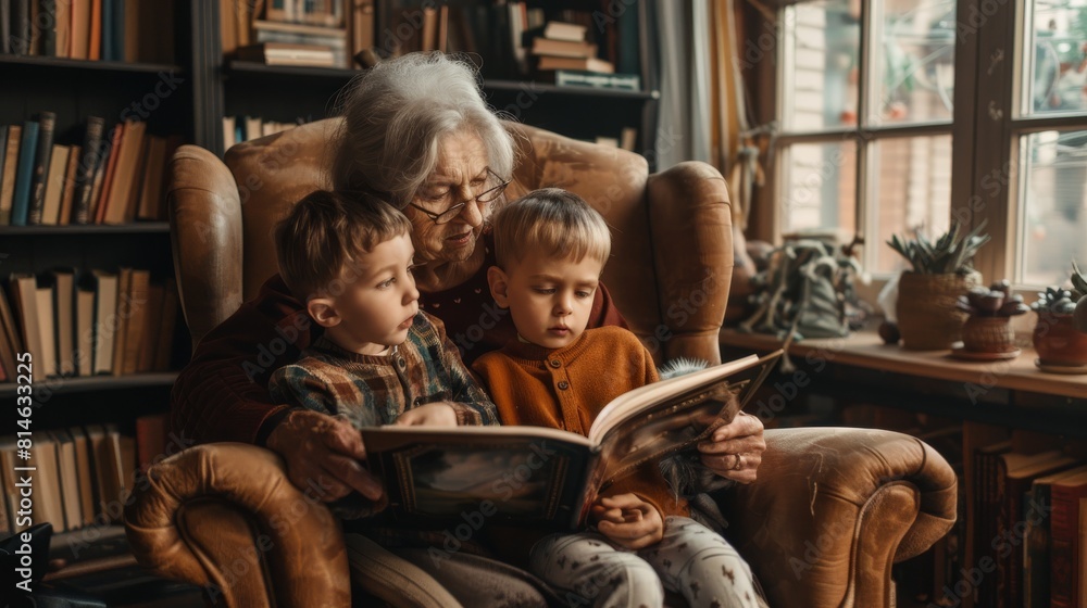 A woman sits in a chair, reading a book to two children. The children listen attentively as the woman shares a story with them in a cozy setting. A woman sits in a chair, reading a book to two children. The children listen attentively as the woman shares a story with them in a cozy setting.