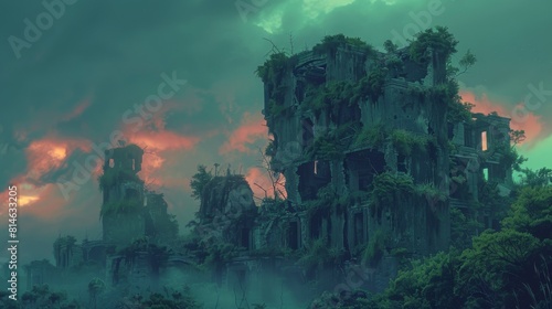 Eerie post-apocalyptic landscape under a blood-red sky showcasing overgrown ruins