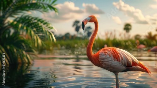 An engaging stock photo featuring a flamingo gracefully standing in the water  with the picturesque beauty of the natural landscape providing an ideal background for a 4K wallpaper.