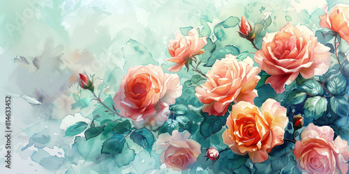 Wallpaper Mural A beautiful watercolor painting of pink roses on a vibrant green background with a soft, romantic feel Torontodigital.ca