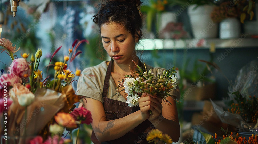 A young woman wearing an apron is carefully arranging flowers in a bouquet.

