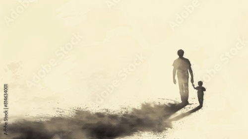 Silhouette of man and child walking down a path