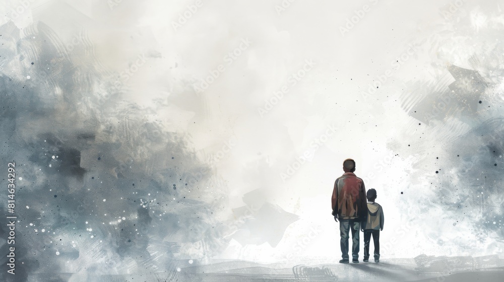 A painting capturing a father and child walking together in a snowy landscape A painting capturing a father and child walking together in a snowy landscape
