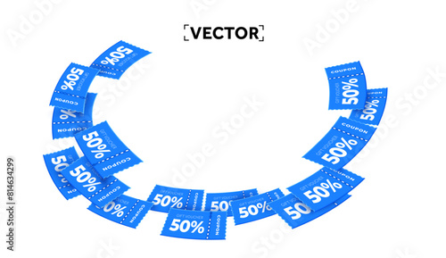 Ring of flying 3d coupons, isolated on white background. Coupon code giveaway. 3d Voucher promotion with percentage off. Special promotion banner. Vector illustration. Vector illustration