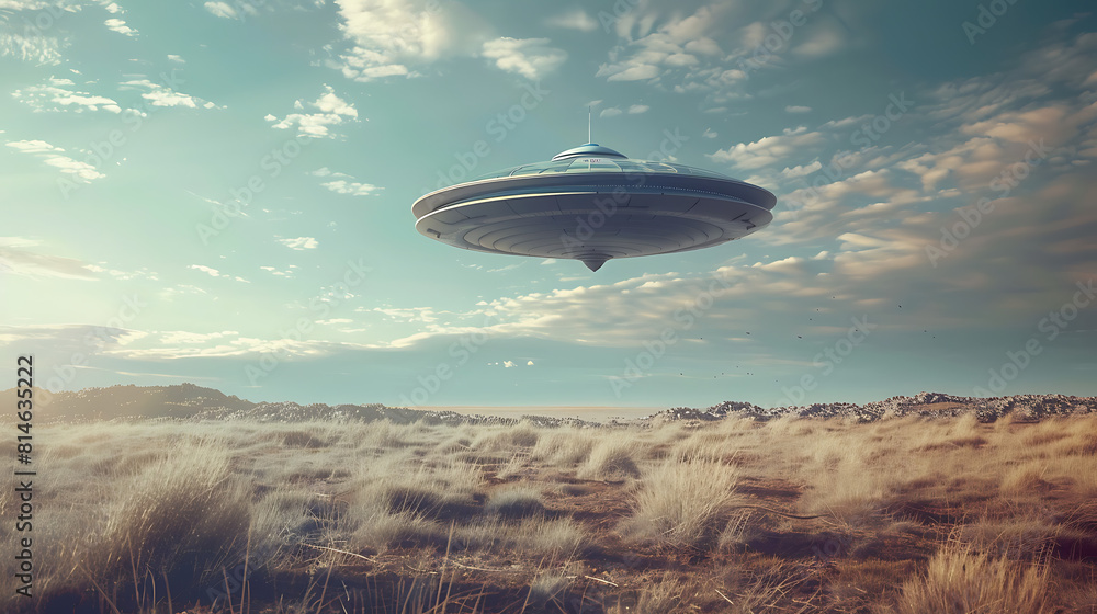 UFO floating over the grass sky and clouds background UFO floating over the grass sky and clouds background