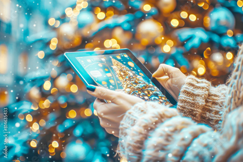 Female hands navigate tablet against backdrop of twinkling festive lights, exploring urban winter wonders digitally, suited for tech-savvy urbanites engaging with their city Christmas charm photo