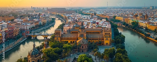 Aerial Drone view of the Old Town of Sevilla in Spain. photo