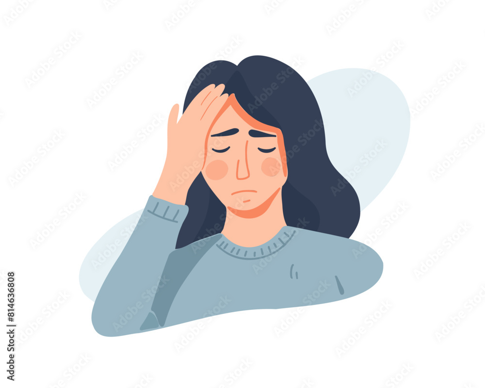 A young woman with a pain in her head holds her hand on her head. Flat vector illustration. A young woman with a pain in her head holds her hand on her head. Flat vector illustration.