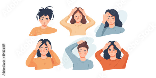 Set of sad women with hand holding head, headache, migraine, despair, grief, depression and disappointment