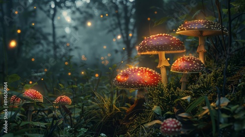 Enchanted forest with glowing mushrooms amid twinkling lights and mystical atmosphere