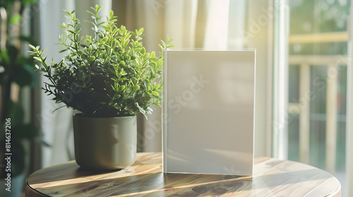 A blank brochure or flyer holder on table with a potted  green plant in the room photo