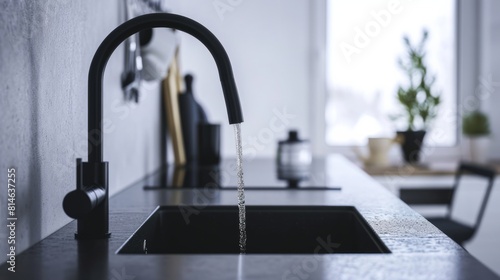 Generative AI Contemporary black matte kitchen faucet  minimalistic design  clean lines  water streaming  white background  stylish sticker art --ar 16 9 --v 6 Job ID  6481aa28-68ed-4821-91e8-f1f54b4b