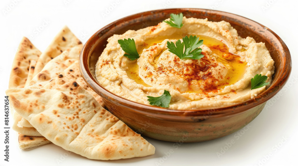 hummus in a bowl on a white background, chickpeas, vegetables, carrots, sauce, pita, vegetarian food, Lebanese cuisine, Mediterranean dish, Arabic restaurant, meal, dish, healthy