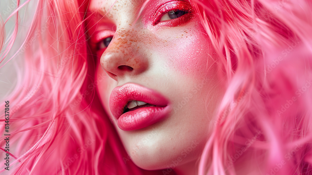 Fototapeta premium A picture of a beauty with pink hair, saturated makeup, taken in close-up in bright light.