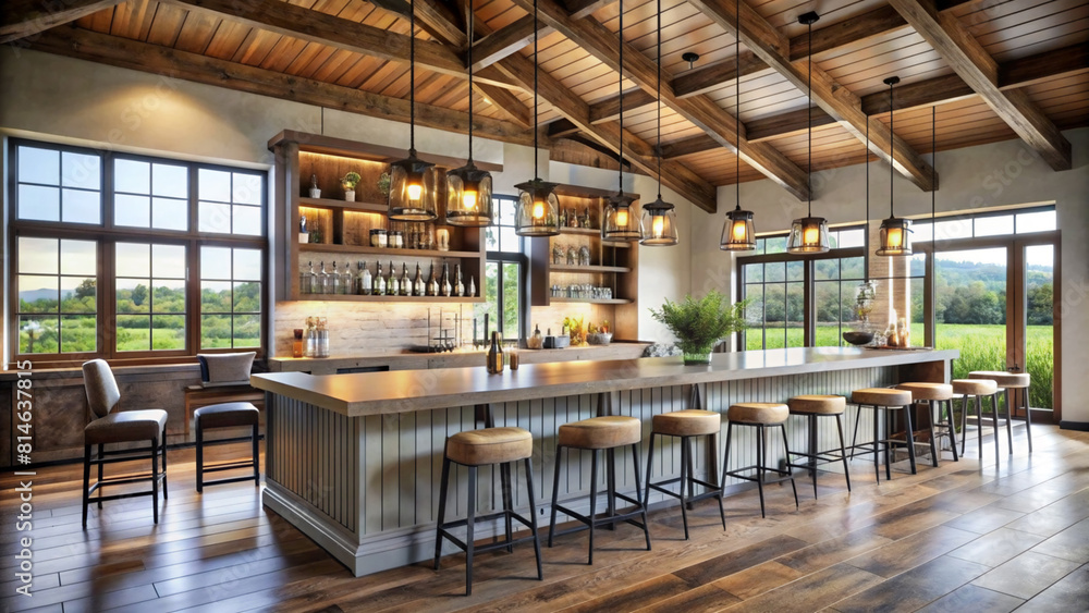 Farmhouse interior design style bar with exposed wooden beams