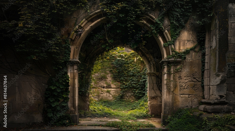 Enigmatic ancient stone archway shrouded in lush ivy in a serene, forgotten garden