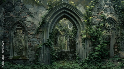 Enigmatic ancient stone archway shrouded in lush ivy in a serene  forgotten garden