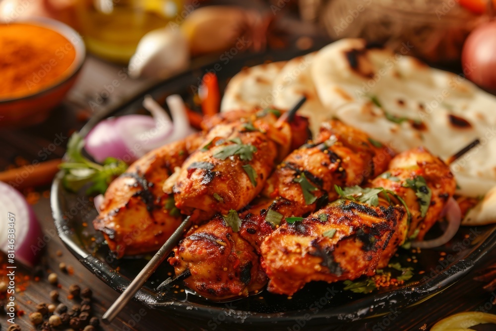 Plate of food with chicken skewers on it. Indian food 