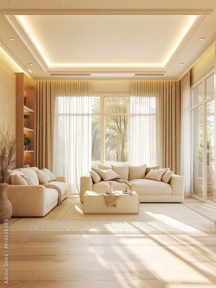 Fototapeta premium The Harmony of Space A Photo Illustration of Modern Interior Design, Showcasing an Apartment with a Well-Appointed Dining Room and an Inviting Empty Living Room with Beige Walls