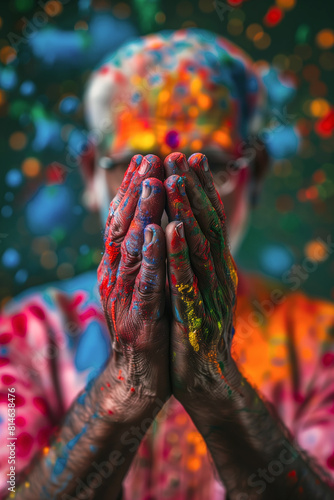 Colorful powder-covered hands at vibrant celebration. Generative AI image photo