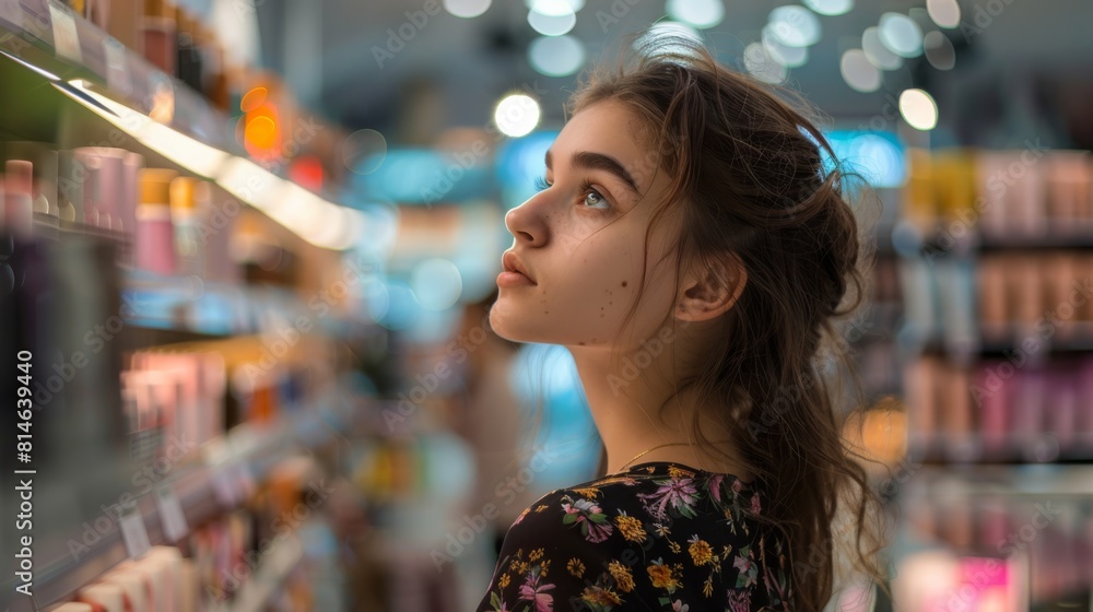 A woman is standing in a store, gazing up at a high shelf filled with products. She appears to be browsing and searching for something specific among the items on display. A woman is standing in a store, gazing up at a high shelf filled with products. She appears to be browsing and searching for something specific among the items on display.